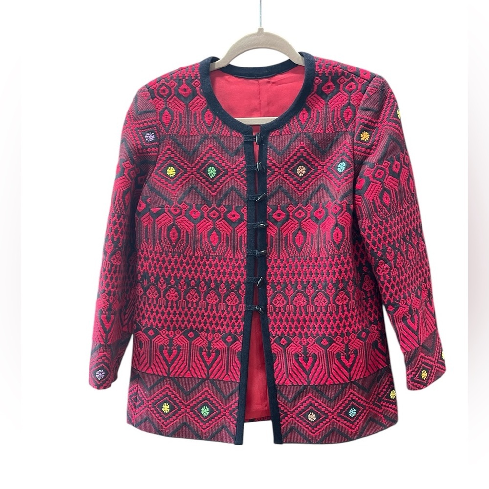 Hand crafted red black folk jacket toggle closure-L